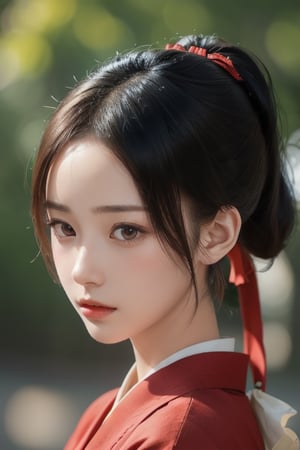 kimono, beutiful woman, shinomiya kaguya, folded ponytail, forehead, hair ribbon, brown eyes, (red ribbon), ribbon, short hair, sidelocks, small breast, looking at viewer, best quality, high resolution, unity 8k wallpaper, illustration, beautiful detailed eyes, extremely detailed face, perfect lighting, extremely detailed CG, perfect hands, perfect anatomy, folded ponytail, high_school_girl, mai, 1girl, 