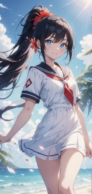anime style beautiful woman, 1girl, (ponytail), black hair, (long hair), (smile), (beach), (outdoor, blue sky, beautiful fantasy tropics, sweet smile, vivid color, sunshine, flowers, hibiscus, scenery, Beautiful Beach)),  
Slender, skinny, (turime), thick eyebrows, (from below).  
(school uniform), (sailor uniform), ((red sailor tie)), (white sailor blouse), 
vibrant colors, sharp focus, best quality, depth of field, cinematic lighting, (illustration, 8k CG, extremely detailed), ultra-detailed, high resolution, firefliesfireflies, perfect light, 
stylish pose, 8k, very clear, highest quality, high resolution. best quality, illustration, sax blue, 1girl, cute, (dynamic lighting:1.2), cinematic lighting, delicate facial features, detailed eyes, sharp pupils, realistic pupils, depth of field, bokeh, sharp focus, (hyper-detailed, bloom, glow:1.4), many small gems,Beautiful Beach