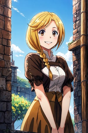 Enri Emmot, beutiful woman, 1girl, solo, smile, score_9, score_8_up, score_7_up, source_anime, best quality, masterpiece, 1girl, enri emmot, overlord, brown eyes, blonde hair, facing viewer,, beautiful lighting, absurdres, petite, young, side plait, plaited hair, smile, outdoors, village, clear sky, cowboy shot, dress, 