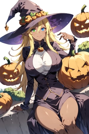 sitting, light smile, witch, Woman dressed in a spooky Halloween costume, holding a carved pumpkin, surrounded by pumpkin, , Aura Bella Fiora \(overlord\), 1girl, solo, long hair, blonde hair, hair between eyes, blue eyes, green eyes, heterochromia, dark skin, elf, 
Mature woman, glamorous, attractive, big breast,
light smile, 
face, close up, simple background, standing, stylish pose, 
score_9,score_8_up,score_7_up,source_anime, dutch angle, 