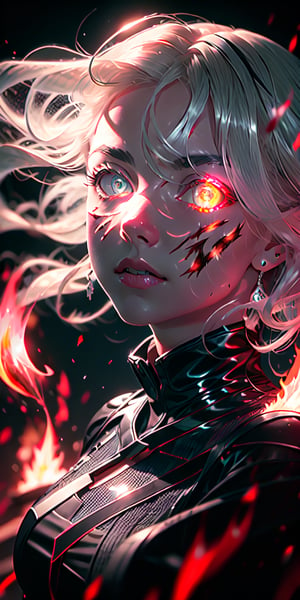 8K, high_resolution, 1080P, 1girl, (Masterpiece)), (Realistic, Photorealistic: 1.35), (RAW Photo, Best Quality),(detailed red glowing flaming beautiful eyes:1.2),white hair, floating_hair ,scenery, shiny hair,cinematic scene, centered, beautiful face,black dress,black thin dress, (seen through dress),small thin glowing and flaming scars on face, 