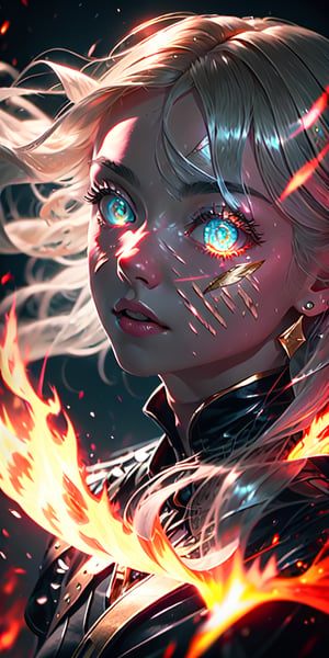 8K, high_resolution, 1080P, 1girl, (Masterpiece)), (Realistic, Photorealistic: 1.35), (RAW Photo, Best Quality),(red and gold beautiful detailed flaming eyes:1.2),white hair, floating_hair ,scenery, shiny hair,cinematic scene, centered, beautiful face,black dress,black thin dress(seen through dress),small thin glowing and flaming scars on face