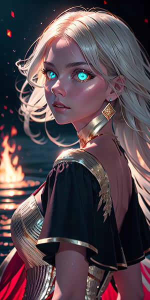 8K, high_resolution, 1080P, 1girl, (Masterpiece)), (Realistic, Photorealistic: 1.35), (RAW Photo, Best Quality), (red and gold color eyes:1.5),red and gold beautiful detailed flaming eyes,white hair, floating_hair ,scenery, cinematic scene, centered, beautiful face,black dress,black thin dress(seen through dress), 