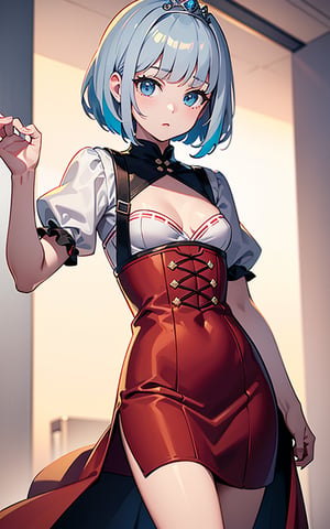 (Anime style: 1.5), (2D Illustration, 8K CG :1.3),  ((a Little Cute princess standing)),((is wearing traditional British royal traditional dress)),(silver bob cut), (Small breasts), cowboy shot, Simple background , (ultra detailed), (masterpiece), (Colorful)