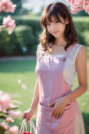 (Best Quality, 8K, 32K, Masterpiece, UHD:1.2), Photo of Pretty Japanese woman,(anime illustration:1.5),
Full body, (most immense breasts:1.2), sexy body, perfect girl, face details, slim body:2, professional lighting, dynamic angle, perfect hands, 
BREAK 1girl, cute, POV, cosmetics-free, standing, (gyaru:1.4), 
(kindergarten teacher, pink apron, kindergarten:1.3), (adult women:1.5),large breasts,
holding school bag:1.2, chestnut wavy hair, (hairpin, hair ornament:1.2), (cleavage:0.5), collarbone,
(decorations:1.2), sunlight, challenging, smile
 beautiful sky, cumulonimbus, lens flare, beautiful detailed flowers, Nemophila field, (petals:1.3), wind,
leaning forward,