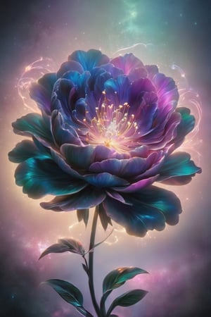 Picture a Peonies  that looks like it was woven from strands of moonlight and stardust. The Luminara Bloom thrives in the celestial gardens between realms, where day and night blend into a perpetual twilight. Its petals are iridescent, shifting colors in a breathtaking display that mimics the Northern Lights. The core of the flower is a radiant crystal that pulses like a heartbeat, casting soft glows in its immediate surroundings. Show the whole flower and its stem,aw0k euphoric style,mascot logo,logo design