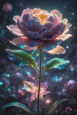 Picture a Peonies  that looks like it was woven from strands of moonlight and stardust. The Luminara Bloom thrives in the celestial gardens between realms, where day and night blend into a perpetual twilight. Its petals are iridescent, shifting colors in a breathtaking display that mimics the Northern Lights. The core of the flower is a radiant crystal that pulses like a heartbeat, casting soft glows in its immediate surroundings. Show the whole flower and its stem,aw0k euphoric style,mascot logo,logo design