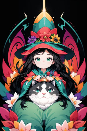 (( Riding a giant fat fluffy cat )) , shining eyes , twin braid , black hair , parted bangs, little girl, 15 years old, simple green witch's big hat and green robe, intricate details, 32k digital painting, hyperrealism, (vivid color,abstract background:1.3, colorful:1.3, flowers:1.2, zentangle:1.2, fractal art:1.1) ,High detailed ,