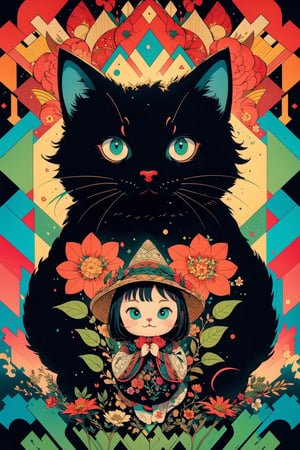 (( Riding a giant fat fluffy cat )) , shining eyes , twin braid , black hair , parted bangs, little girl, 10 years old, simple green witch's big hat and green robe, intricate details, 32k digital painting, hyperrealism, (vivid color,abstract background:1.3, colorful:1.3, flowers:1.2, zentangle:1.2, fractal art:1.1) ,High detailed ,midjourney,cat,chibi,xyzsanart01