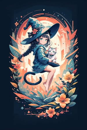 ((Flying in the sky with fluffy kitten)) ,(SIMPLE green witch's big hat and green robe), shining eyes , twin braid ,blunt bangs, black hair , little girl, 10 years old, intricate details, 32k digital painting, hyperrealism, (vivid color,abstract background:1.3, colorful:1.3, flowers:1.2, zentangle:1.2, fractal art:1.1) , parted bangs, SUPER HIGH quality, in 8K , intricate detail, ultra-detailed,High detailed ,