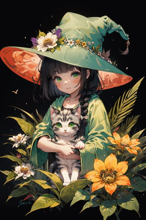 ((holding a fluffy kitten)) ,(SIMPLE green witch's big hat and green robe), shining eyes , twin_braid ,blunt bangs, black hair , little girl, 10 years old, intricate details, 32k digital painting, hyperrealism, (vivid color,abstract background:1.3, colorful:1.3, flowers:1.2, zentangle:1.2, fractal art:1.1) , parted bangs, SUPER HIGH quality, in 8K , intricate detail, ultra-detailed,High detailed ,