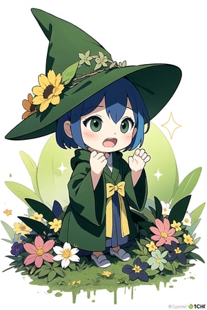  whole body , yawning , no background , little girl, 10 years old, simple green witch's big hat and green robe, intricate details, 32k digital painting, hyperrealism , (colorful:1.3), (flowers:1.2) , SUPER HIGH quality, in 8K , intricate detail, ultra-detailed,twitch emoji,chibi,