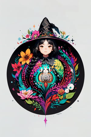 (( Ride on beautifully decorated white giant lagomorph )) , shining eyes , twin braid , black hair , parted bangs, little girl, 15 years old, simple green witch's big hat and green robe, intricate details, 32k digital painting, hyperrealism, (vivid color,abstract background:1.3, colorful:1.3, flowers:1.2, zentangle:1.2, fractal art:1.1) ,High detailed ,