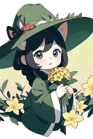 1girl, twin_braid,black hair , yawning , little girl, 10 years old, upper body, simple green witch's big hat and green robe, looking at viewer, intricate details, 32k digital painting, hyperrealism, (abstract background:1.3), (colorful:1.3), (flowers:1.2), (zentangle:1.2), (fractal art:1.1), two side up, lips, closed mouth, bangs, upper body, parted bangs, SUPER HIGH quality, in 8K , intricate detail, ultra-detailed,twitch emoji,chibi,genshin chibi emote,cat,full body,black_eyes