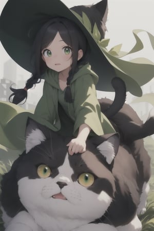 (( Riding a giant fat fluffy cat )), shining eyes, twin braid, black hair, parted bangs, little girl, 10 years old, simple green witch's big hat and green robe, ,