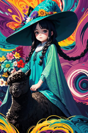 ((Riding a fluffy alpaca)) , shining eyes , twin_braid , black hair , little girl, 10 years old, simple green witch's big hat and green robe, intricate details, 32k digital painting, hyperrealism, (vivid color),(abstract background:1.3), (colorful:1.3), (flowers:1.2), (zentangle:1.2), (fractal art:1.1) , parted bangs, SUPER HIGH quality, in 8K , intricate detail, ultra-detailed,chibi,High detailed ,