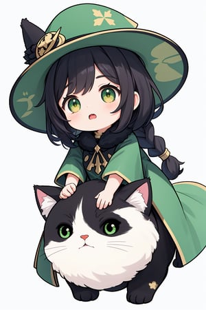 (( Riding a giant fat fluffy cat )), shining eyes, twin braid, black hair, parted bangs, little girl, 10 years old, simple green witch's big hat and green robe, ,chibi,genshin chibi emote,best quality