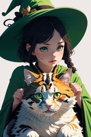 (( Riding a giant fat fluffy calico cat )), shining eyes, twin braid, black hair, parted bangs, little girl, 10 years old, simple green witch's big hat and green robe, ,chibi,genshin chibi emote,best quality,fantasy,art,highres