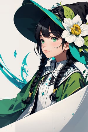 (( playing a luxurious white piano )) , shining eyes , twin braid , black hair , parted bangs, little girl, 15 years old, simple green witch's big hat and green robe, intricate details, 32k digital painting, hyperrealism, (vivid color,abstract background:1.3, colorful:1.3, flowers:1.2, zentangle:1.2, fractal art:1.1) ,High detailed ,