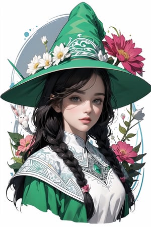 (( Ride on beautifully decorated white giant lagomorph )) , shining eyes , twin braid , black hair , parted bangs, little girl, 10 years old, simple green witch's big hat and green robe, intricate details, 32k digital painting, hyperrealism, (vivid color,abstract background:1.3, colorful:1.3, flowers:1.2, zentangle:1.2, fractal art:1.1) ,High detailed ,