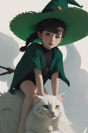 (( Riding a giant fat fluffy calico cat )), shining eyes, twin braid, black hair, parted bangs, little girl, 10 years old, simple green witch's big hat and green robe, ,chibi,genshin chibi emote,best quality,1girl,1 girl,fantasy,art,masterpiece