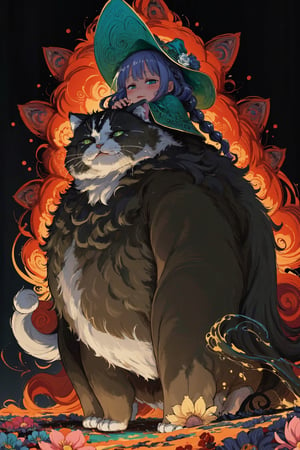((Riding a giant fat fluffy cat)) , shining eyes , twin_braid , black hair , little girl, 10 years old, simple green witch's big hat and green robe, intricate details, 32k digital painting, hyperrealism, (vivid color),(abstract background:1.3), (colorful:1.3), (flowers:1.2), (zentangle:1.2), (fractal art:1.1) , parted bangs, SUPER HIGH quality, in 8K , intricate detail, ultra-detailed,chibi,High detailed ,xyzsanart01,fantasy,art,IncrsAnyasHehFaceMeme,Kanna Kamui 