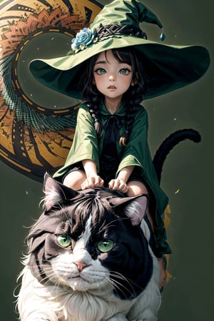 (( Riding a giant fat fluffy cat )) , shining eyes , twin_braid , black hair , little girl, 15 years old, simple green witch's big hat and green robe, intricate details, 32k digital painting, hyperrealism, (vivid color,abstract background:1.3, colorful:1.3, flowers:1.2, zentangle:1.2, fractal art:1.1) , parted bangs, SUPER HIGH quality, in 8K ,chibi,xyzsanart01