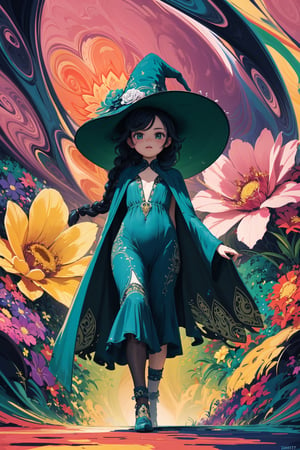((Happily walking toward the front)) , shining eyes , twin_braid , black hair , little girl, 10 years old, simple green witch's big hat and green robe, intricate details, 32k digital painting, hyperrealism, (vivid color),(abstract background:1.3), (colorful:1.3), (flowers:1.2), (zentangle:1.2), (fractal art:1.1) , parted bangs, SUPER HIGH quality, in 8K , intricate detail, ultra-detailed,chibi,High detailed ,xyzsanart01