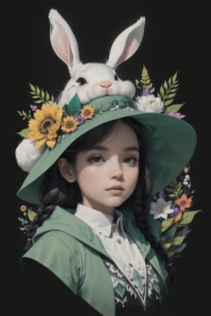 (( Ride on beautifully decorated white giant lagomorph )) , shining eyes , twin braid , black hair , parted bangs, little girl, 15 years old, simple green witch's big hat and green robe, intricate details, 32k digital painting, hyperrealism, (vivid color,abstract background:1.3, colorful:1.3, flowers:1.2, zentangle:1.2, fractal art:1.1) ,High detailed ,