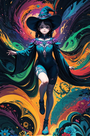 ((Running happily)) , shining eyes , twin_braid , black hair , little girl, 10 years old, simple green witch's big hat and green robe, intricate details, 32k digital painting, hyperrealism, (vivid color),(abstract background:1.3), (colorful:1.3), (flowers:1.2), (zentangle:1.2), (fractal art:1.1) , parted bangs, SUPER HIGH quality, in 8K , intricate detail, ultra-detailed,chibi,High detailed ,