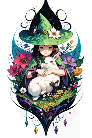 (( Ride on beautifully decorated white giant lagomorph )) , shining eyes , twin braid , black hair , parted bangs, little girl, 15 years old, simple green witch's big hat and green robe, intricate details, 32k digital painting, hyperrealism, (vivid color,abstract background:1.3, colorful:1.3, flowers:1.2, zentangle:1.2, fractal art:1.1) ,High detailed ,