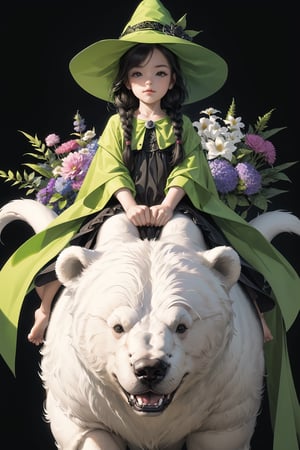 (( Riding a giant fat fluffy white bear )) , shining eyes , twin braid , black hair , parted bangs, little girl, 10 years old, simple green witch's big hat and green robe, intricate details, 32k digital painting, hyperrealism, (vivid color,abstract background:1.3, colorful:1.3, flowers:1.2, zentangle:1.2, fractal art:1.1) ,High detailed ,