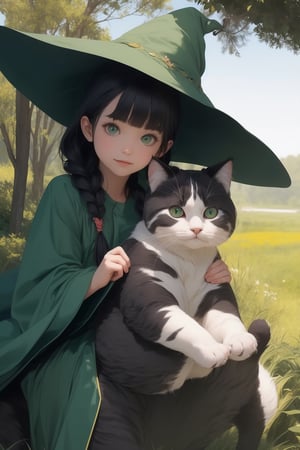 (( Riding a giant fat fluffy cat )), shining eyes, twin braid, black hair, parted bangs, little girl, 10 years old, simple green witch's big hat and green robe, ,YAMATO,masterpiece,best quality,portrait,Anitoon2