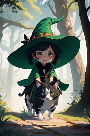 (( Riding a giant fat fluffy calico cat )), shining eyes, twin braid, black hair, parted bangs, little girl, 10 years old, simple green witch's big hat and green robe, ,chibi,genshin chibi emote,best quality,fantasy,art,highres