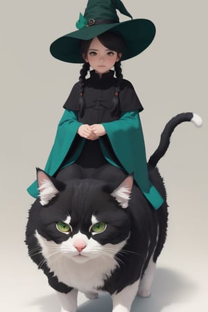 (( Riding a giant fat fluffy calico cat )), shining eyes, twin braid, black hair, parted bangs, little girl, 10 years old, simple green witch's big hat and green robe, ,chibi,genshin chibi emote,best quality,fantasy,art,