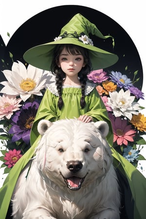 (( Riding a giant fat fluffy white bear )) , shining eyes , twin braid , black hair , parted bangs, little girl, 10 years old, simple green witch's big hat and green robe, intricate details, 32k digital painting, hyperrealism, (vivid color,abstract background:1.3, colorful:1.3, flowers:1.2, zentangle:1.2, fractal art:1.1) ,High detailed ,