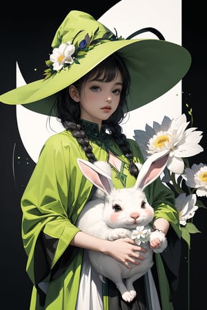 (( Ride on beautifully decorated white giant lagomorph )) , shining eyes , twin braid , black hair , parted bangs, little girl, 10 years old, simple green witch's big hat and green robe, intricate details, 32k digital painting, hyperrealism, (vivid color,abstract background:1.3, colorful:1.3, flowers:1.2, zentangle:1.2, fractal art:1.1) ,High detailed ,