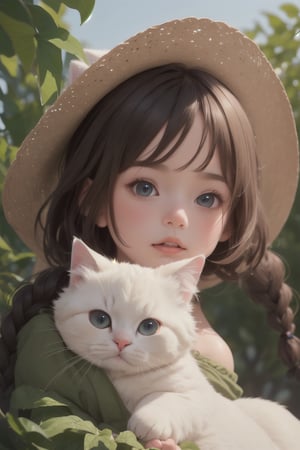 (( Riding a giant fat fluffy cat )), shining eyes, twin braid, black hair, parted bangs, little girl, 10 years old, simple green witch's big hat and green robe, intricate details, 32k digital painting, hyperrealism,High detailed,portrait