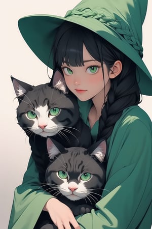 (( Riding a giant fat fluffy cat )), shining eyes, twin braid, black hair, parted bangs, little girl, 10 years old, simple green witch's big hat and green robe, ,highres,AgoonGirl,portrait