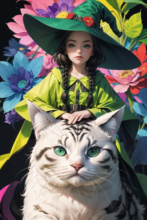 (( Riding a giant fat fluffy cat )) , shining eyes , twin braid , black hair , parted bangs, little girl, 10 years old, simple green witch's big hat and green robe, intricate details, 32k digital painting, hyperrealism, (vivid color,abstract background:1.3, colorful:1.3, flowers:1.2, zentangle:1.2, fractal art:1.1) ,High detailed ,