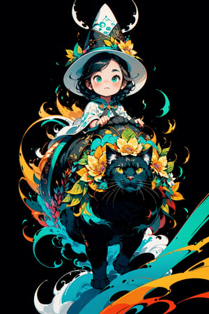 (( Riding a giant fat fluffy cat )) , shining eyes , twin braid , black hair , parted bangs, little girl, 15 years old, simple green witch's big hat and green robe, intricate details, 32k digital painting, hyperrealism, (vivid color,abstract background:1.3, colorful:1.3, flowers:1.2, zentangle:1.2, fractal art:1.1) ,High detailed ,