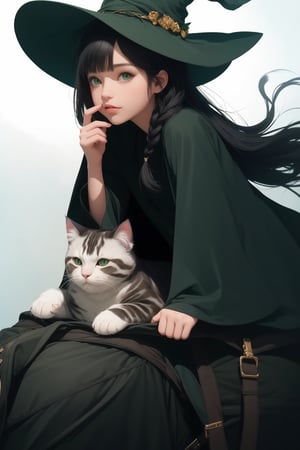 (( Riding a giant fat fluffy cat )), shining eyes, twin braid, black hair, parted bangs, little girl, 10 years old, simple green witch's big hat and green robe, ,YAMATO,masterpiece,best quality,portrait,Anitoon2