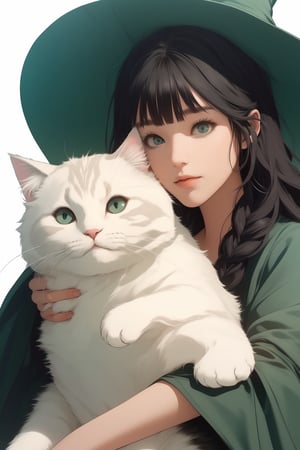 (( Riding a giant fat fluffy cat )), shining eyes, twin braid, black hair, parted bangs, little girl, 10 years old, simple green witch's big hat and green robe, ,YAMATO,masterpiece,best quality,portrait,Anitoon2