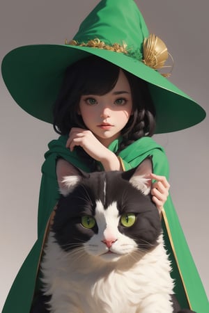 (( Riding a giant fat fluffy calico cat )), shining eyes, twin braid, black hair, parted bangs, little girl, 10 years old, simple green witch's big hat and green robe, ,chibi,genshin chibi emote,best quality,1girl,1 girl,fantasy,art,masterpiece