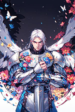 1boy, knight, male_focus, fantasy, portrait, front-view, Headshot, upper_body, muscular,metal armor, white hair, monochome, full armor, shoulder pads, no_color, line_art, 90s anime, medieval, flower4rmor,line anime,flower4rmor