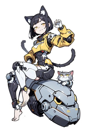 robo-fortune,  cat girl, robot girl, tail, cat tail, half-closed eyes, yellow eyes, animal ears, cat ears, short hair, bob cut, colored skin, grey skin, metal skin,  yellow nails,  1girl, simple background, white background, android, arm between legs, artist name, barefoot, claws, closed mouth, feet, fingernails, hand up, joints, legs, robot, robot joints, sharp fingernails, sitting, solo, thighs, toes