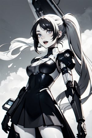 mimi-sentry,  twintails, white hair, fangs, standing,  breasts, skirt,  1girl, android, portrait , joints, mecha musume, robot joints, smoke, solo , black/white, monochome