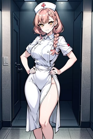 1GIRL, (thick_hips:0.8), golden_eyes, red_hair, braided_hair, white nurse_outfit, standing, looking_at_viewer, hands on waist, full_body, sexy, beautiful, perfect, attractive