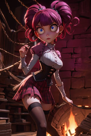 Carol-Anne Wilder in full length pose, curly black-magenta hair bangs hairstyle with a big black bow on the side, hazel-blue eyes, hyper detailed eyes, beautiful eyes, perky breasts in a maroon and black corset and wearing a black short tartan skirt and thigh high black stockings, perfect anatomy, centered, approaching perfection, dynamic, highly detailed, artstation, concept art, smooth, sharp focus, illustration, cinematic shallow depth of field, chempunk dystopian background, trending on artstation, 8k, masterpiece, fine detail, muted cinematic lut, intricate detail, perfecteyes, TimBurton Animation