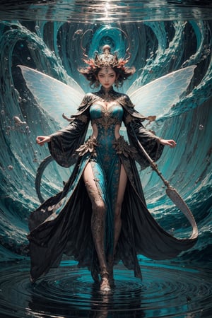 1girl, full length, fairy of water, scales, tenticles, fairy wings,
High quality, detailed, masterpiece, swirling upward in a spiral of water, weapon